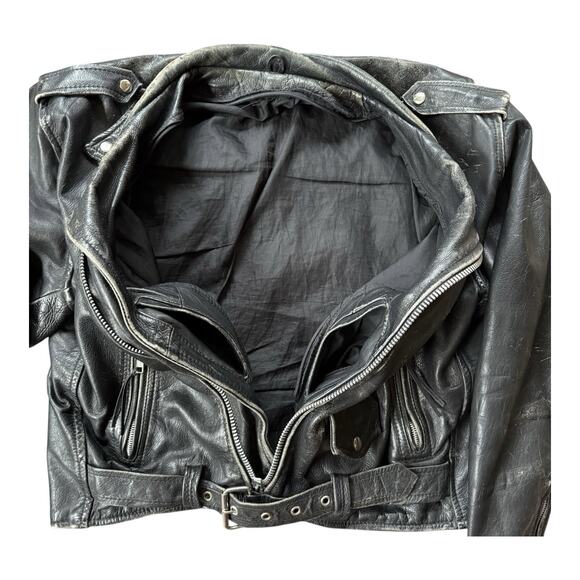 Vintage Perfectly Worn Black Leather Belted Motorcycle Jacket Men’s Large - Picture 9 of 10